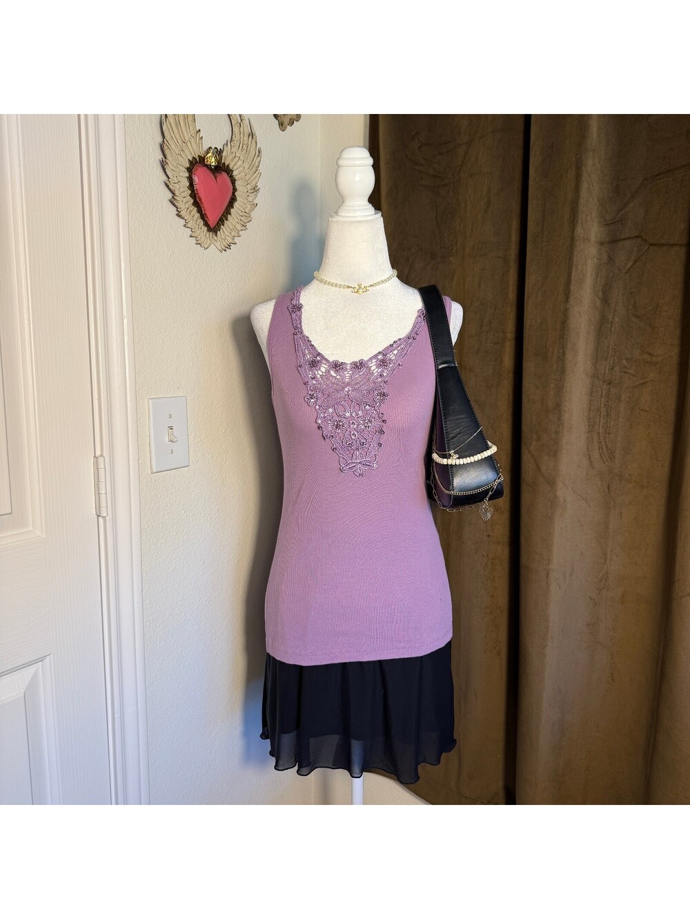 Mixit Petite Purple Ribbed Tank Top Crochet Lace Applique Sequins Y2K Boho Sz M